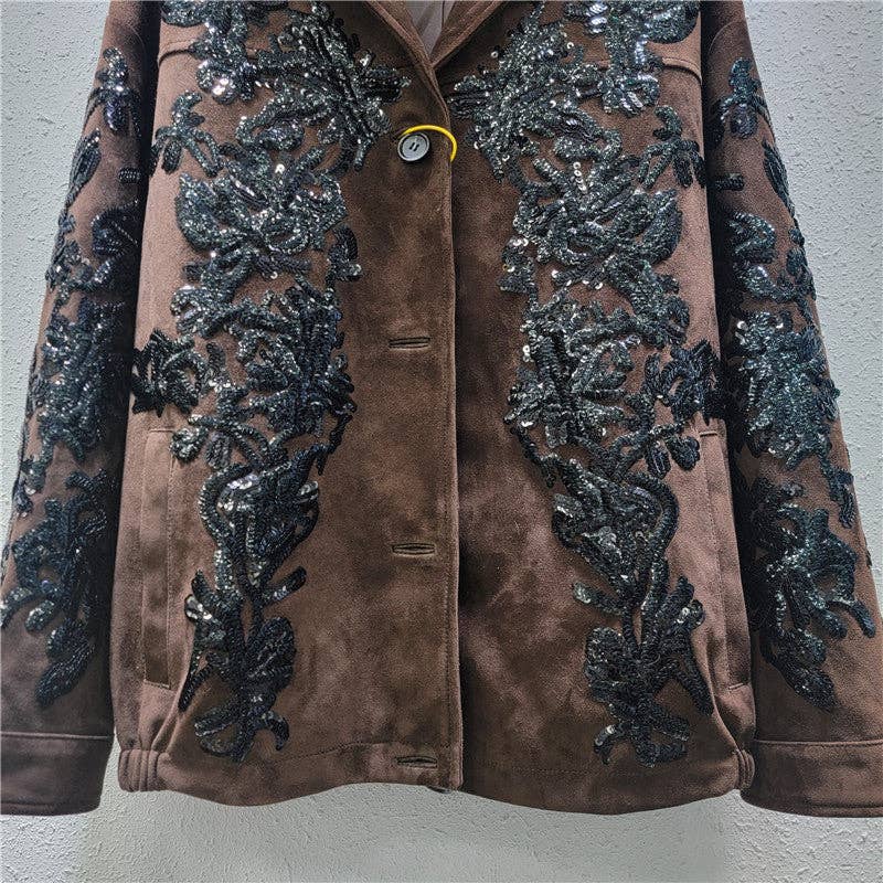 M161 Brown Sequin Embroidered Suede Moto Jacket for wholesale on Faire2