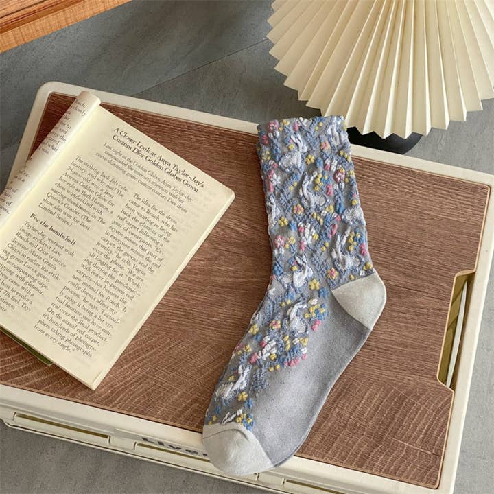 Funkyrel® Atzbranding Limited - Wholesale Socks - Women's - Rufia - Vintage Style Embossed Little Bunny Pattern Mid-Calf Socks5