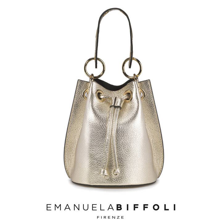 BEUTELTASCHE „MINIOBLÒ“ AUS ECHTEM GOLDFARBENEM LEDER für den Großhandel von EMANUELA BIFFOLI FIRENZE