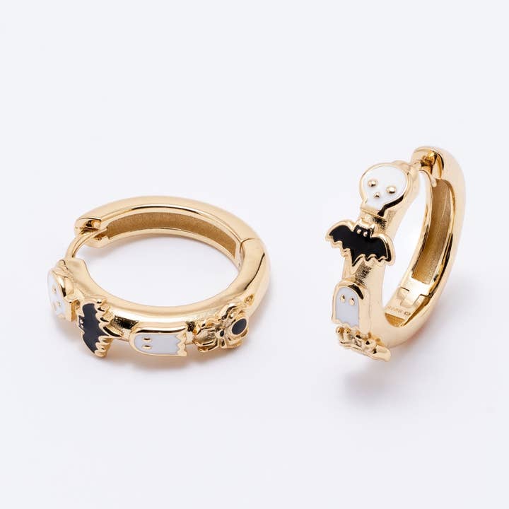 14K Gold Plated & Enamel Spooky Huggie Hoop Earrings - 14K Gold Plated & Enamel Ghosty Pendant Necklace for wholesale by Larissa Loden