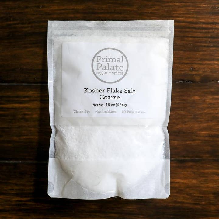 Kosher Flake Salt Coarse Resealable Bags for wholesale by Primal Palate