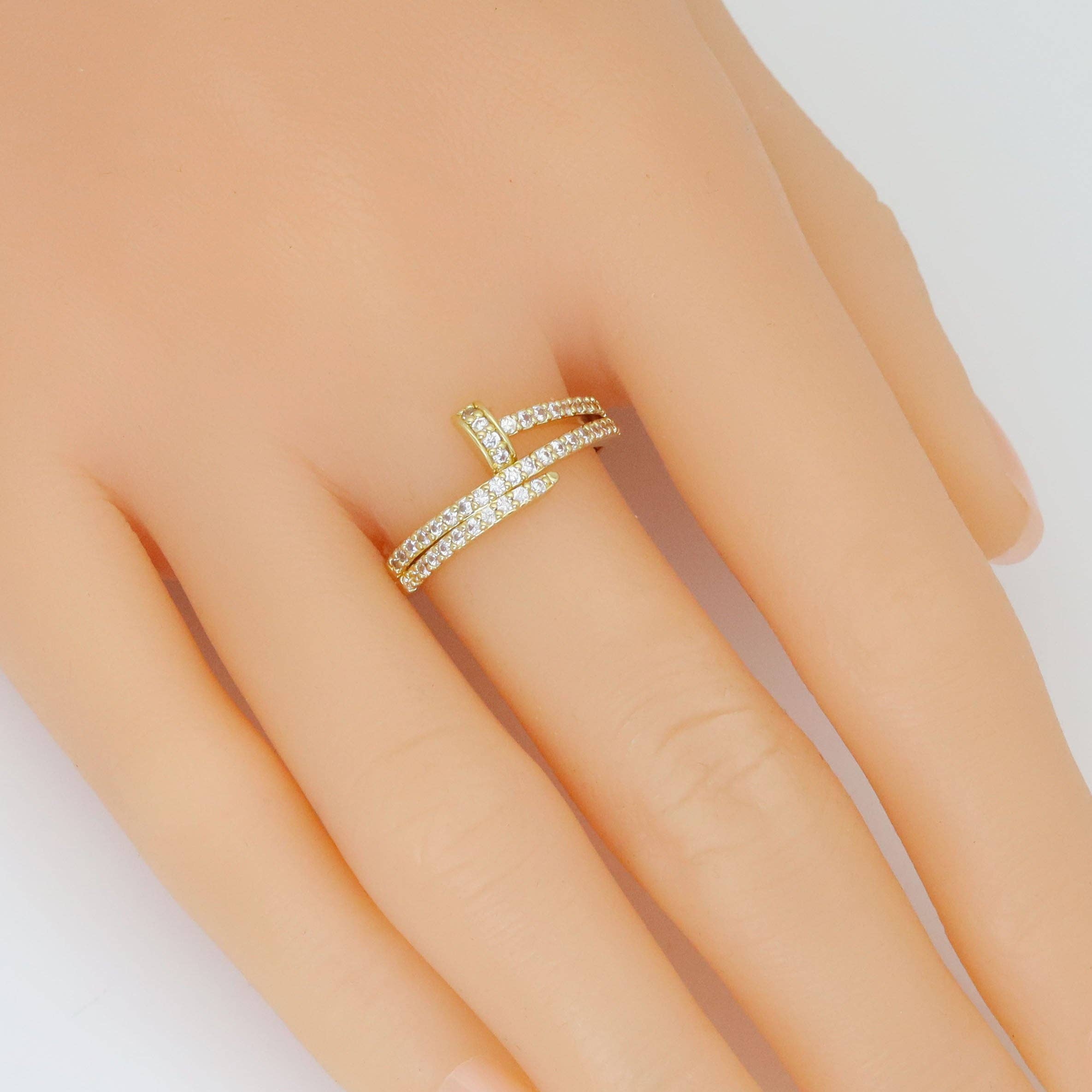 BestBeads&Beyond - Wholesale Multi-Stone Ring - Gold Silver Clear CZ Nail Wrap Adjustable Ring, Sku#A3793