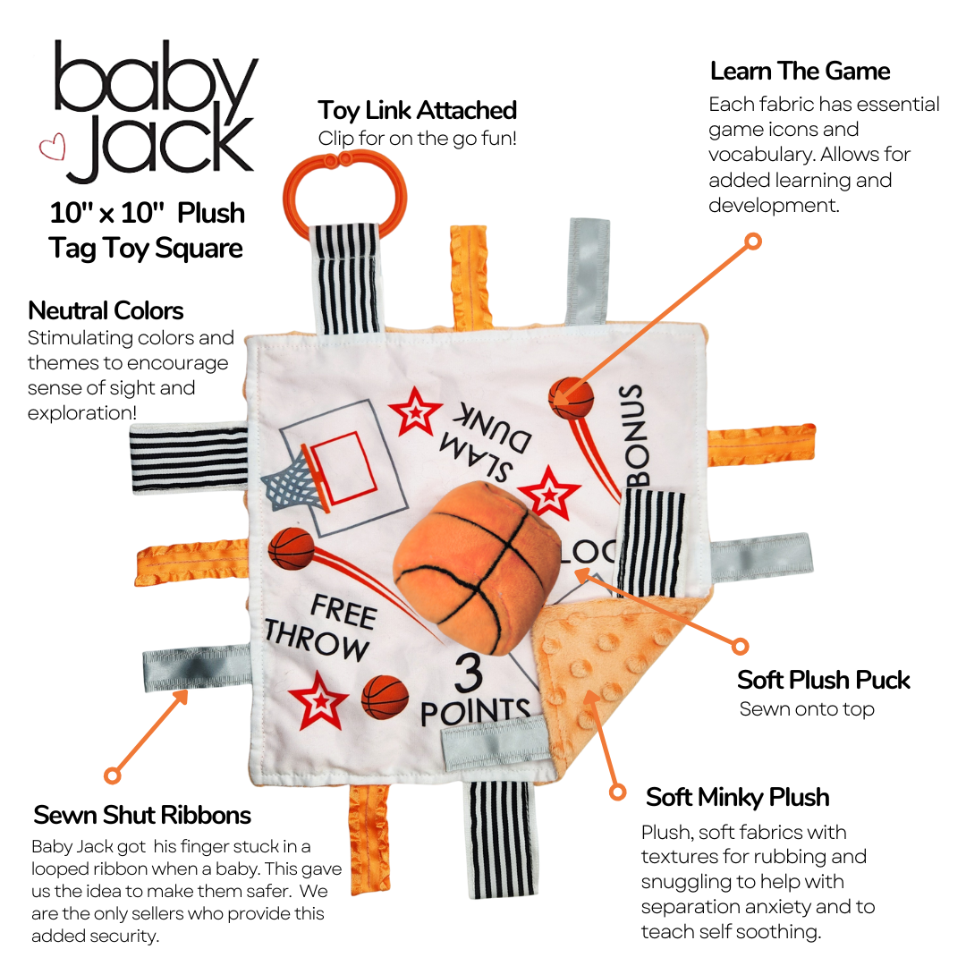 Baby Jack and Company - Wholesale Security/Cuddle Blanket - Baby - Basketball Baby Learning Lovey Tag Stroller Toy 10" x 10"4