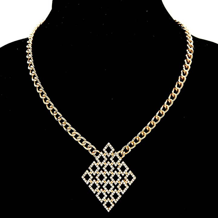 Diamond Shape Rhinestone Stud Pendant Necklace for wholesale by Diacly