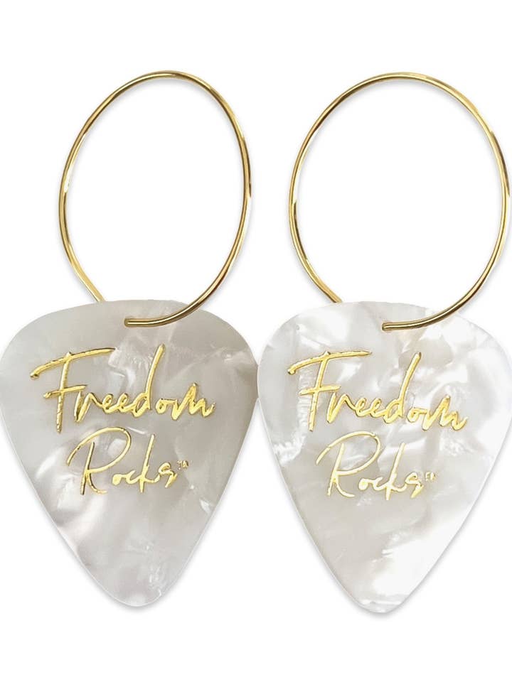 Freedom Rocks White Pearl Hoop Guitar Pick Earrings for wholesale by Groupie Love
