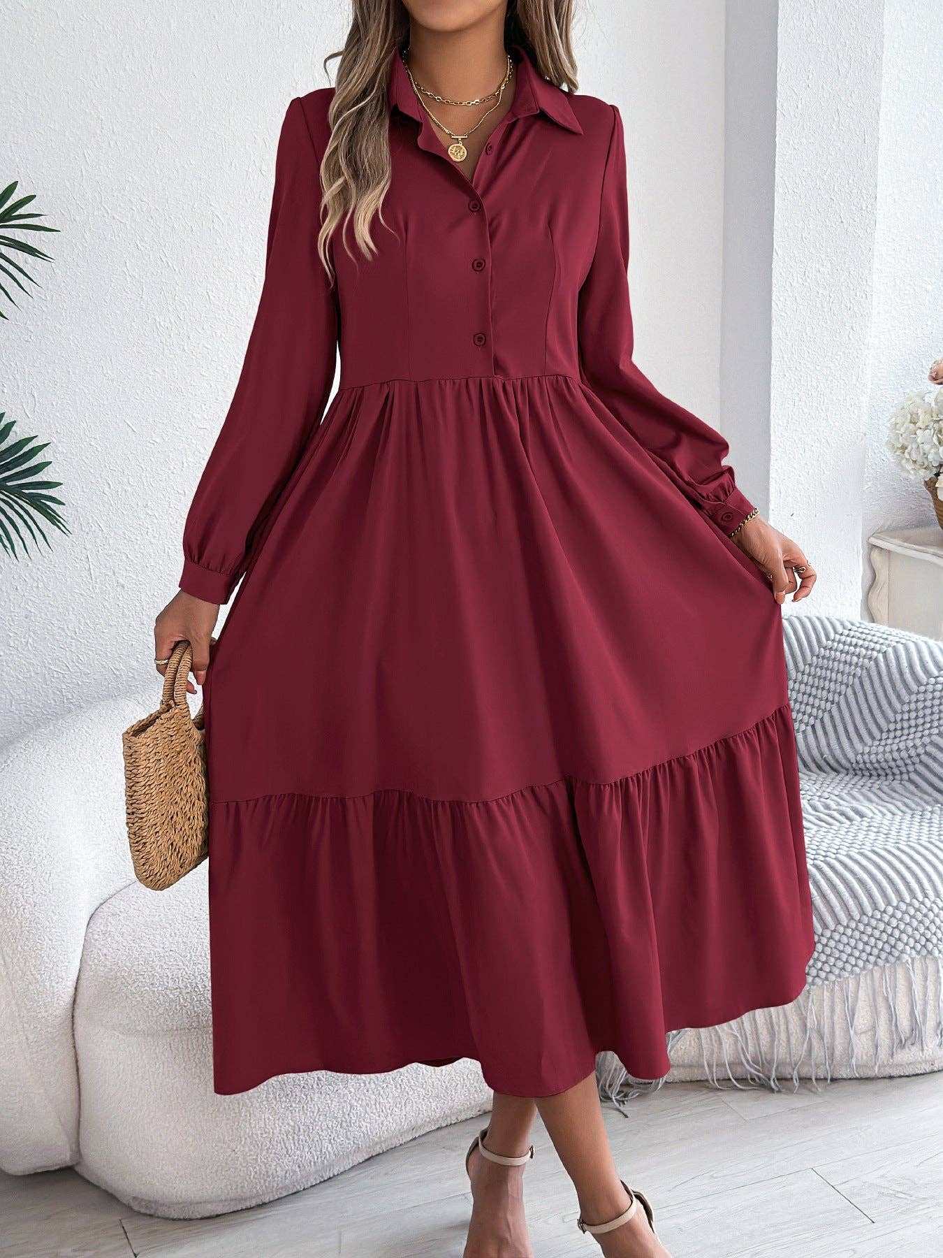 safistyle - Wholesale Dress - Women's - Lapel Long Sleeve Loose Shirt Dress with Ruffles1