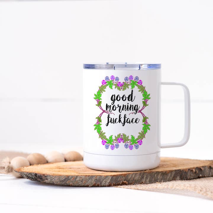 Calm Down Caren – wholesale Isolerade dryckesvaror – God morgon Fuck ansikte rostfritt stål resor mugg - blommig