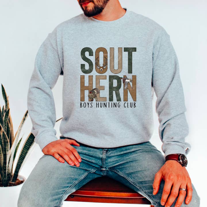 Southern Boys Hunting Club Graphic Sweatshirt for wholesale by Gia Gifts Boutique