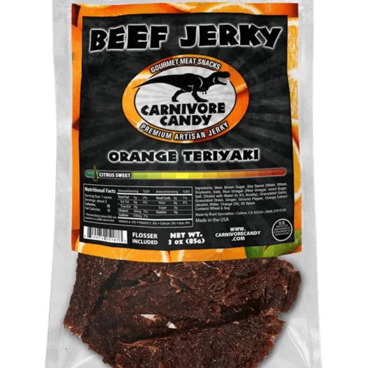 Carnivore Candy Beef Jerky - Orange Teriyaki 3oz. for wholesale by Fizz and Sweets Wholesale
