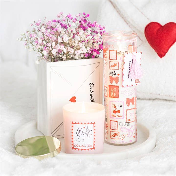 Something Different Wholesale – wholesale Jar/filled candle – Valentine Postage Stamp Print Sparkling Rose Tube Candle4
