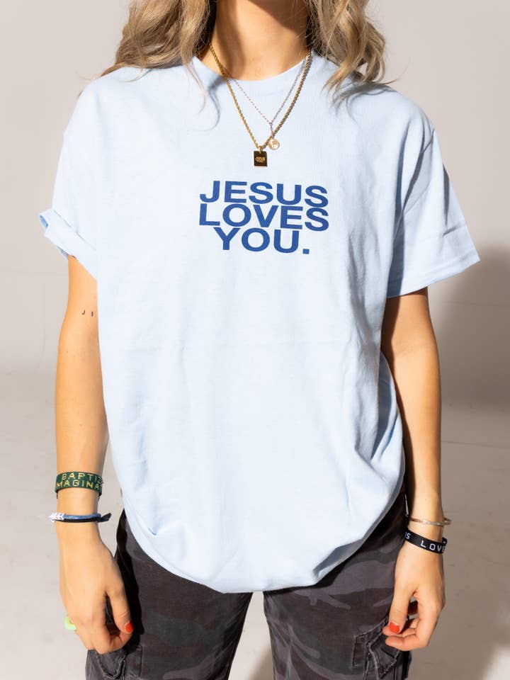 Jesus Loves You Company - Wholesale Screen Printed T-Shirt - Unisex - NEW || Light Blue Logo Tee