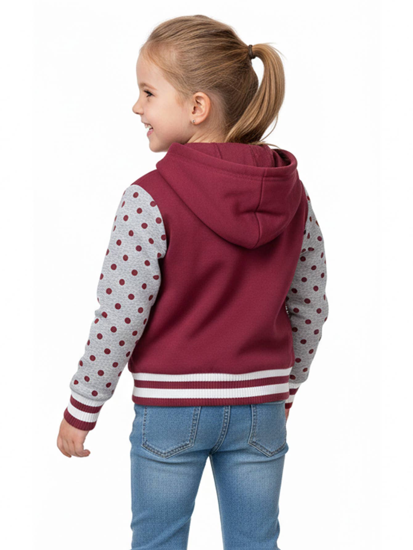 Unik – wholesale Varsity- och baseballjackor – Dam – Flickors Prickiga Varsity Fleece Huvtröja Jacka 2-45