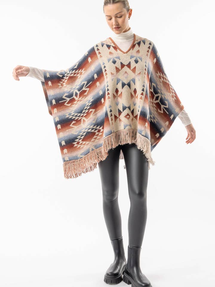 California Californian Hooded Batwing Poncho with Fringe for wholesale on Faire1