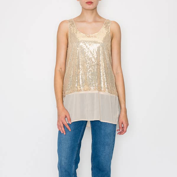DÉBARDEUR À PAILLETTES AVEC COUCHE EN CHIFFON -4636 OR pour la vente par Origami Apparel ~ Lace and Crochet inspired