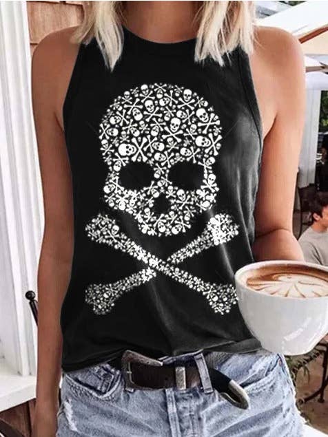 Black Punk skull print sleeveless T-shirt for wholesale on Faire