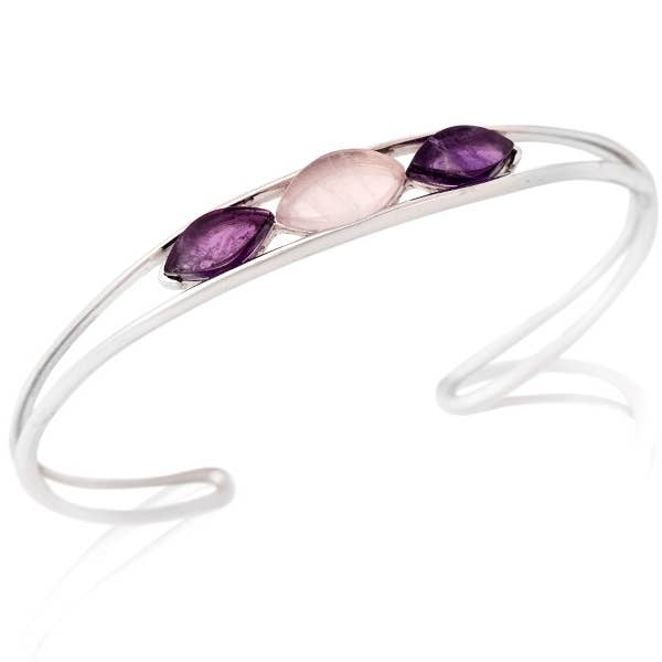 Pulsera de amatista y cuarzo rosa, en plata de ley rodiada para venta al por mayor de OPALOOK France