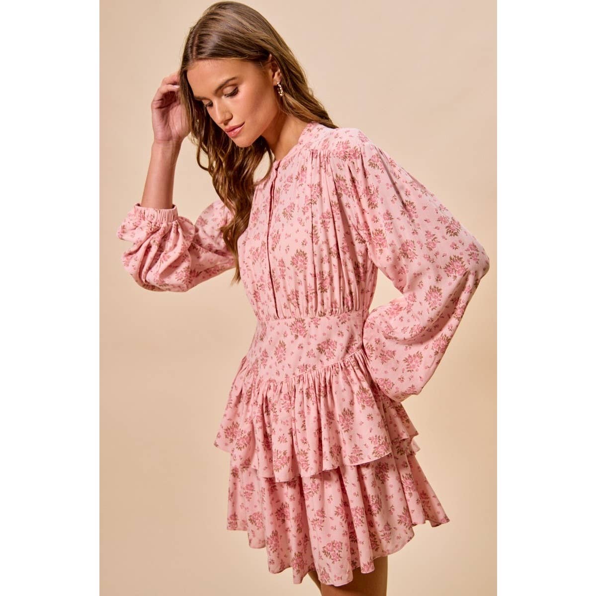 IVE - Wholesale Dress - Women's - Floral Woven Flutter Tiered Boho Shirt Mini Dress3