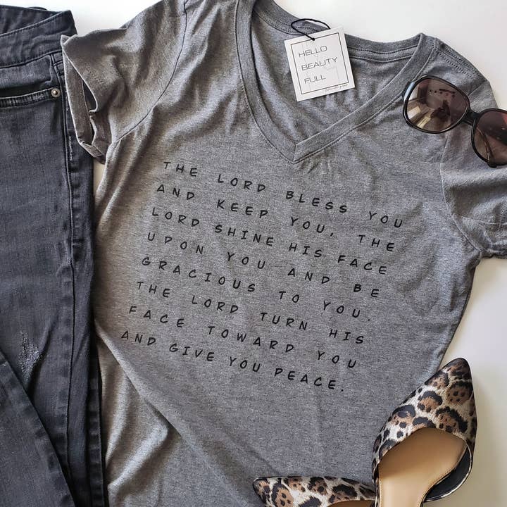 Hello Beauty Full & Co. - Wholesale Screen Printed T-Shirt - Women's - Blessing Ladies V Neck T-Shirt, prayer shirt, scripture tee