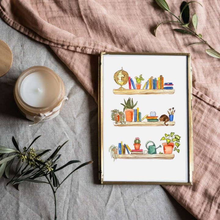 Impression d'art d'étagère cottagecore en aquarelle pour la vente par Serafine Art and Design