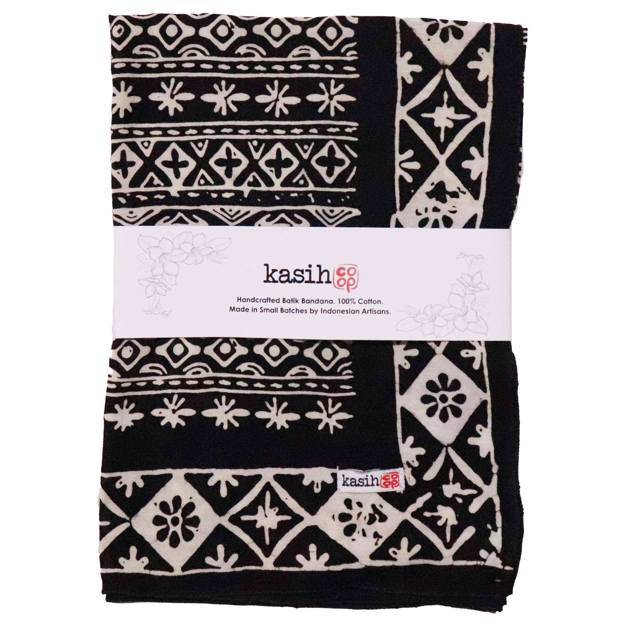 Kasih Co-op – Engroshandel Bandana - Dame – Håndfarvet Batik Bandana, 100% Bomuld, Sort Hvid Geometrisk, Håndstemplet9
