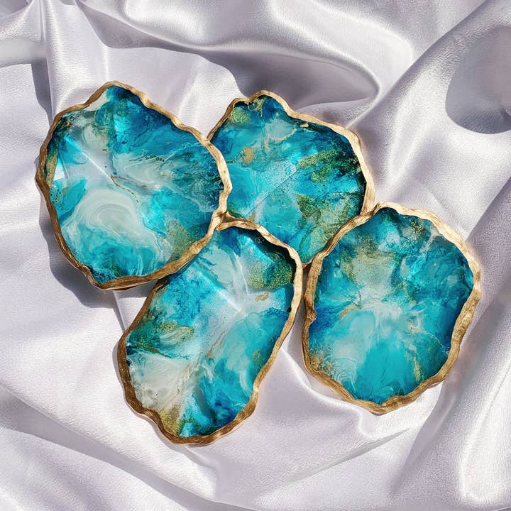 Teal Faux Agate Resin Coaster with Gold Gilded Edge - Set of 2 for wholesale by Nony Design Company