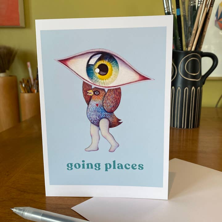 Isabelle Bryer Art - Wholesale Everyday Greeting Card - Going Places Card – Surreal Bird Creature with Eye, 5"x7"