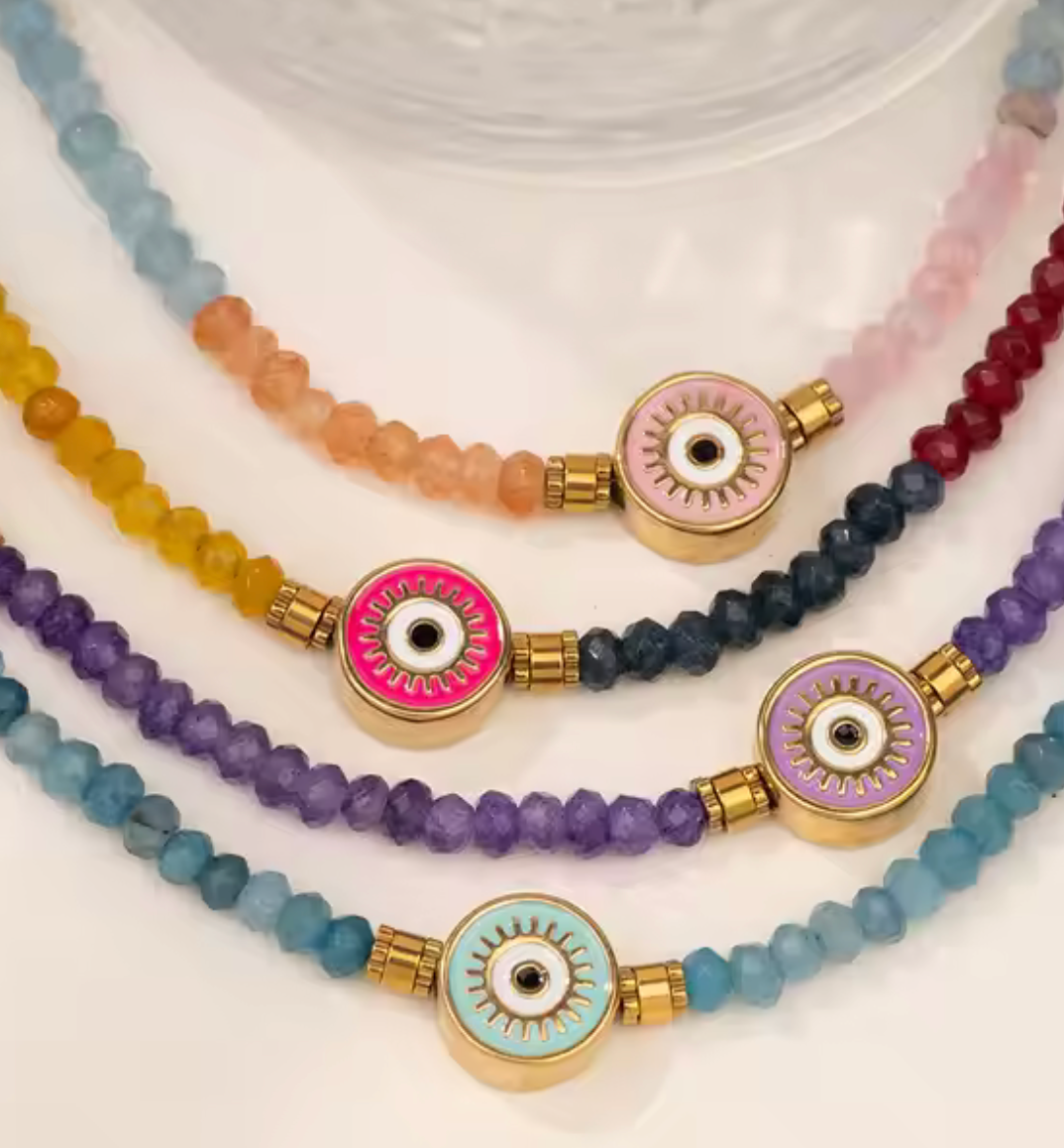 HoopLa – wholesale Beaded/pearl necklace – Ikos- Evil Eye enamel on hand beaded Necklace1