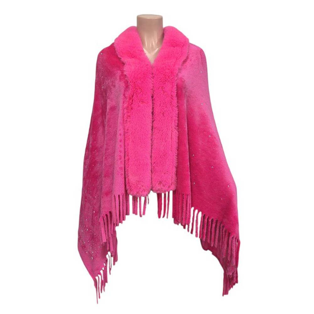 Sensibling Corp. - Vente Poncho – femme - Poncho à franges orné de strass en fausse fourrure7