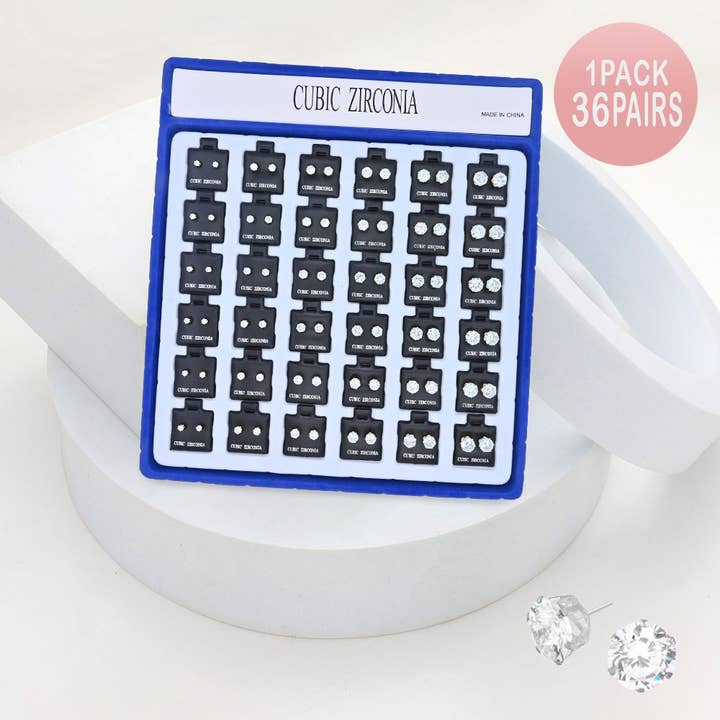 Sensibling Corp. - Wholesale Stud/Post Earrings - 36PAIRS - Round CZ Stone Stud Earrings
2