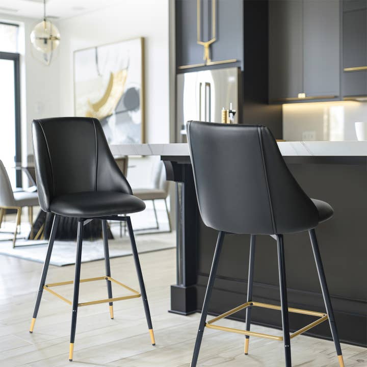 26.8in Swivel Counter Barstool Faux Leather Black Gold Legs for wholesale by 39F Inc.