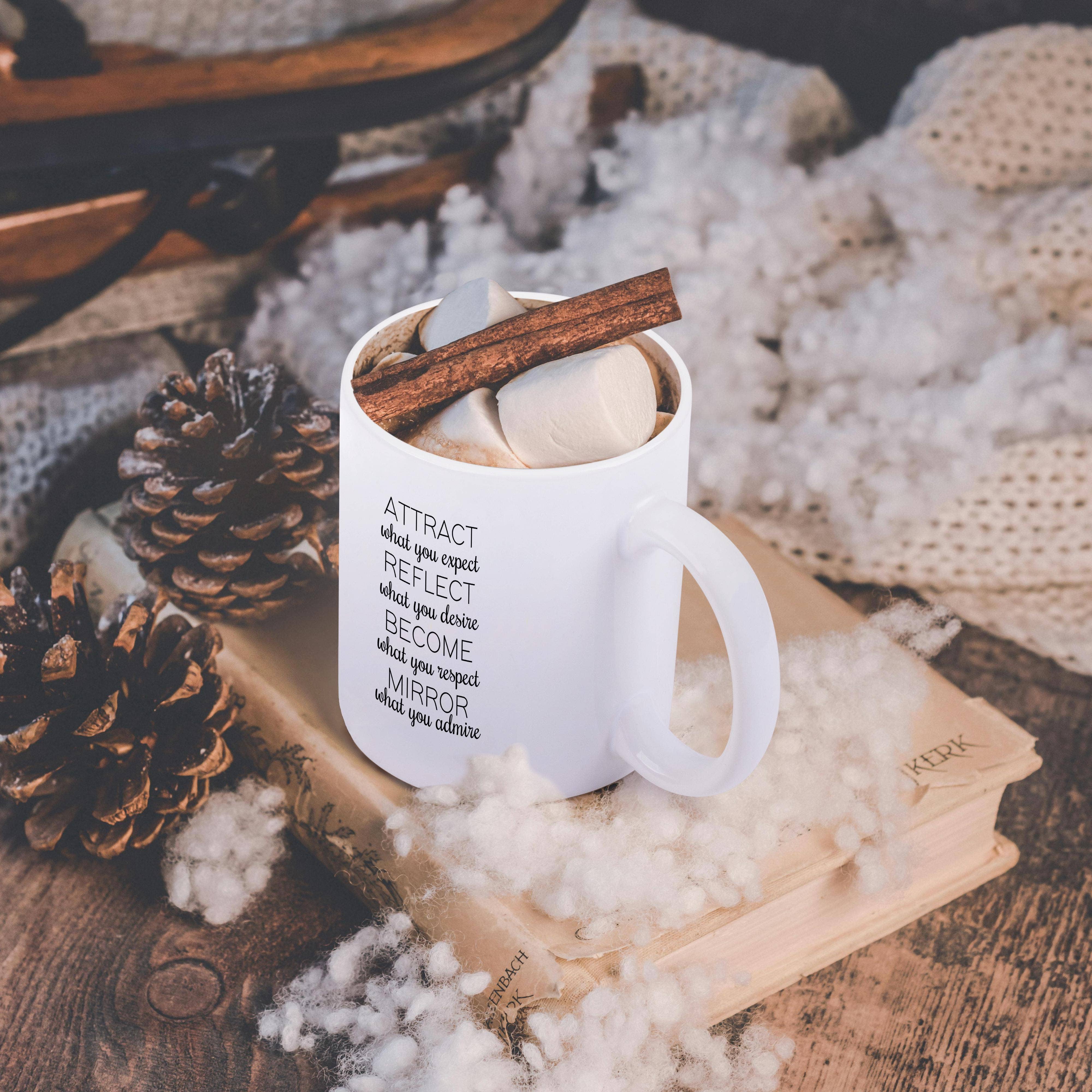 3dRose - Wholesale Coffee Mug - 3dRose, Attract, Reflect, Become, Mirror. Black lettering on white background., Mug11