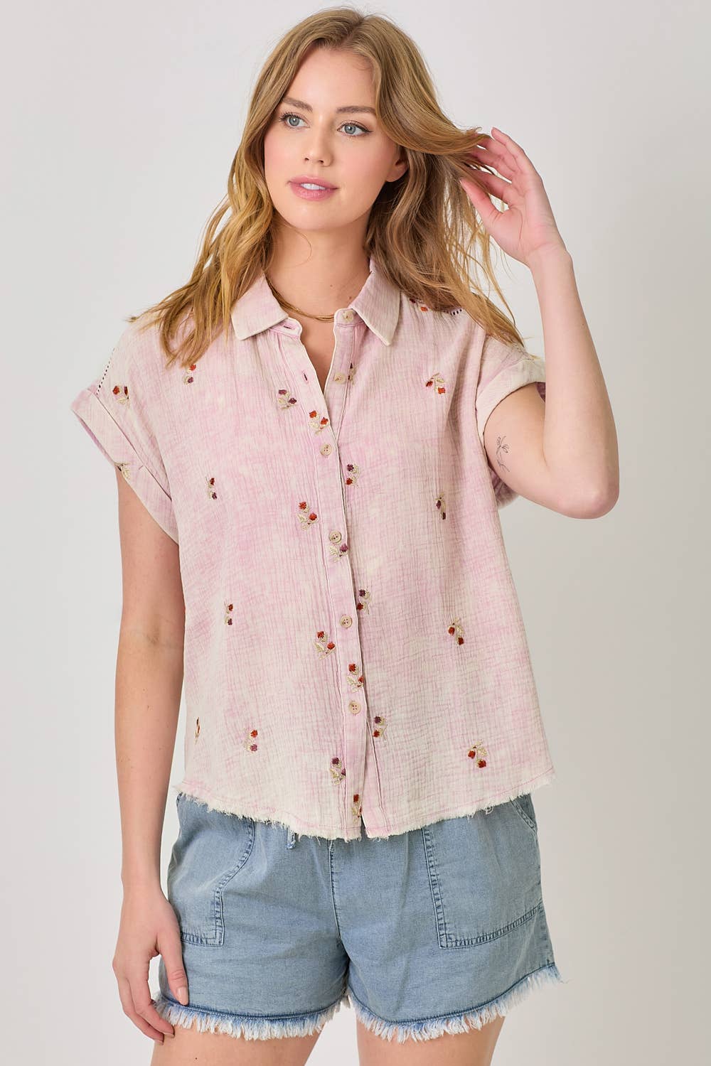 Mystree - Vente Chemise à col boutonné – femme - Haut brodé lavé 6095814