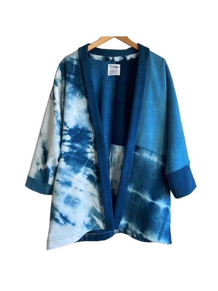 TJ Indigo Clothing Co. - Venta al por mayor Kimono - Mujer - Kimono patchwork de algodón orgánico en índigo de alto contraste