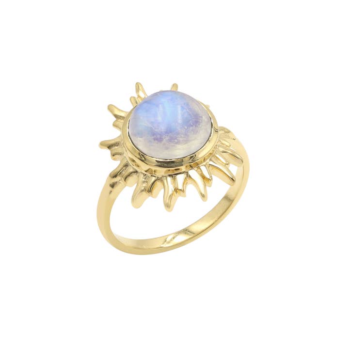 Rainbow Moonstone Sunburst Ring | Gold-Plated 925 Silver for wholesale by Jay Jools