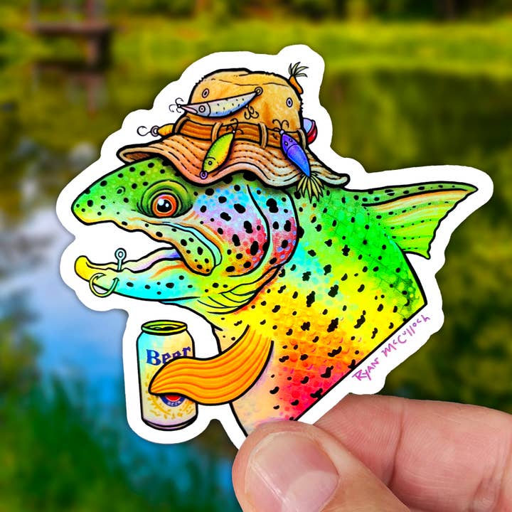 Ryan McCulloch Art - Venta al por mayor Pegatina - PEGATINA DE VINILO o HOLOGRÁFICA: Gone Fishing Trucha Arcoíris