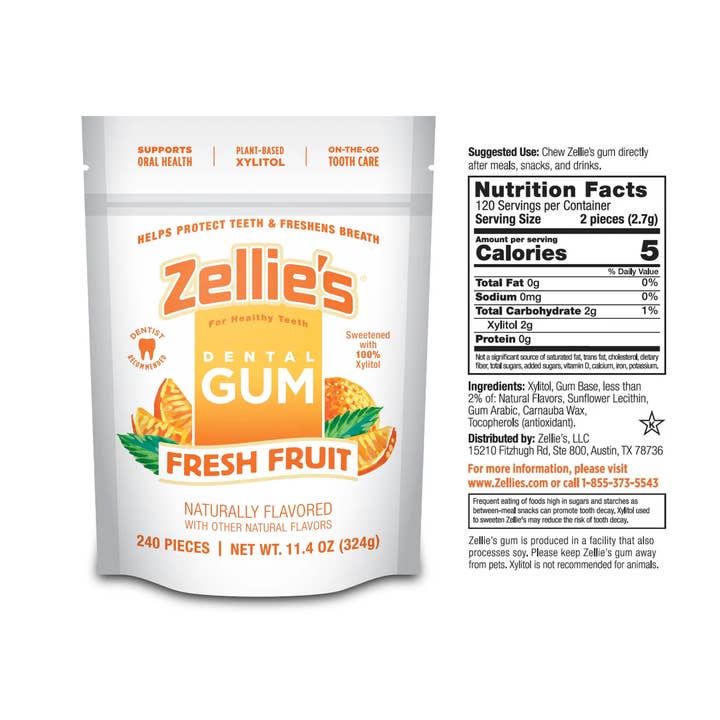 Zellie's - Wholesale Chewing Gum - Zellie's Xylitol Dental Gum - Fresh Fruit Gum 240ct Pouch1