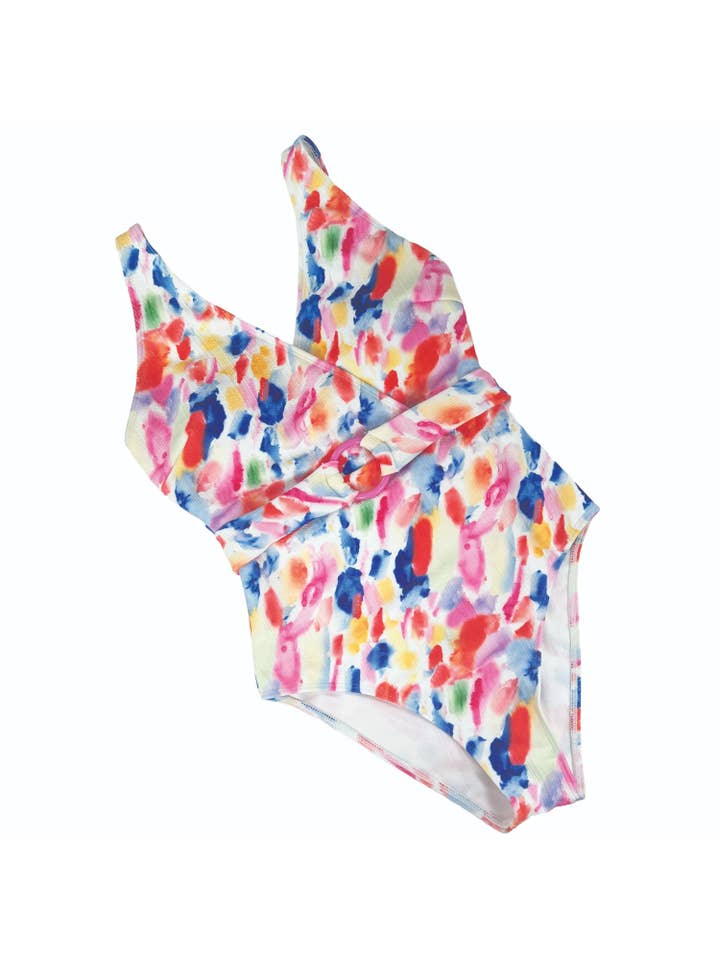 Multi Abstract multicolor one piece swimwear with belt for wholesale on Faire5