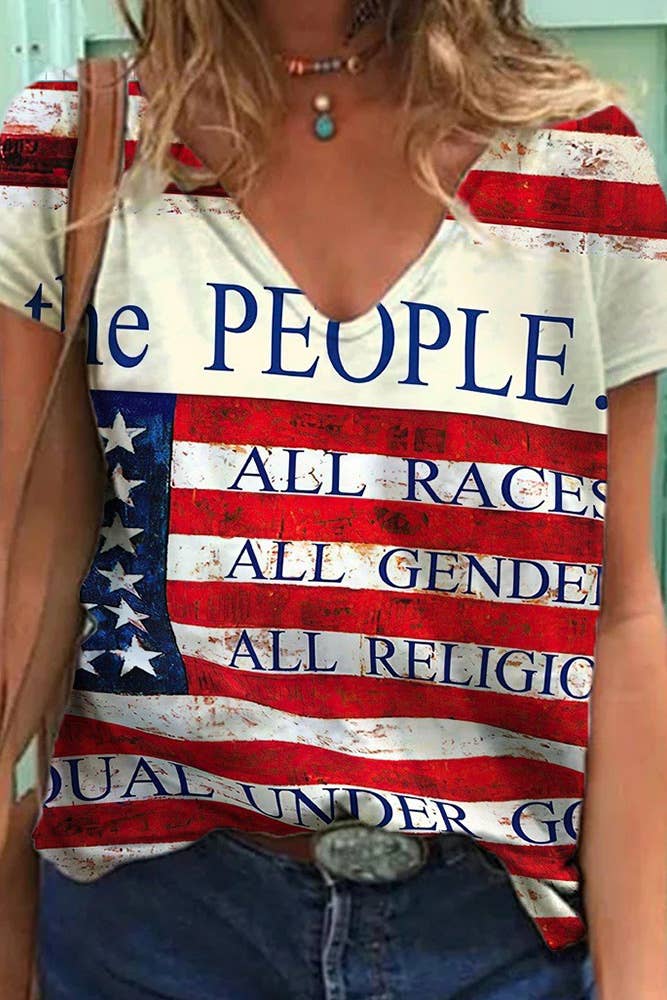 UNISHE - Venta al por mayor Camiseta - Mujer - Top con cuello en V con bandera de EE. UU., Día de la Independencia del 4 de julio ZZKF11091