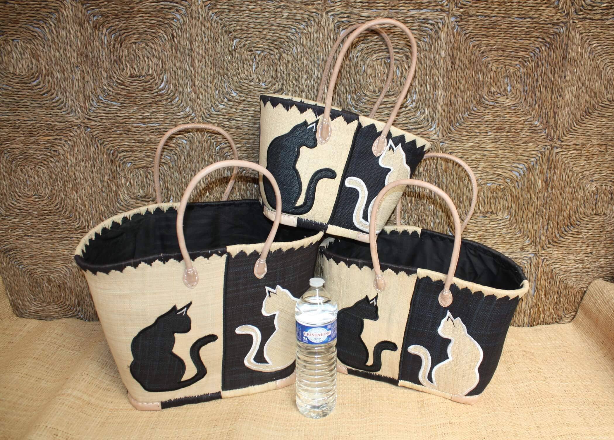 Boutique Huléti - Wholesale Beach Bag - BLACK basket embroidered with CAT design - Long Handle Bag - Market, shopping, beach tote - 3 SIZES -2