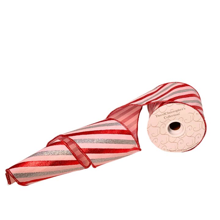 PINK/RED/SILVER FAUX DUPIONI STRIPE RIBBON 4"X10YD for wholesale by David Christopher's Collection