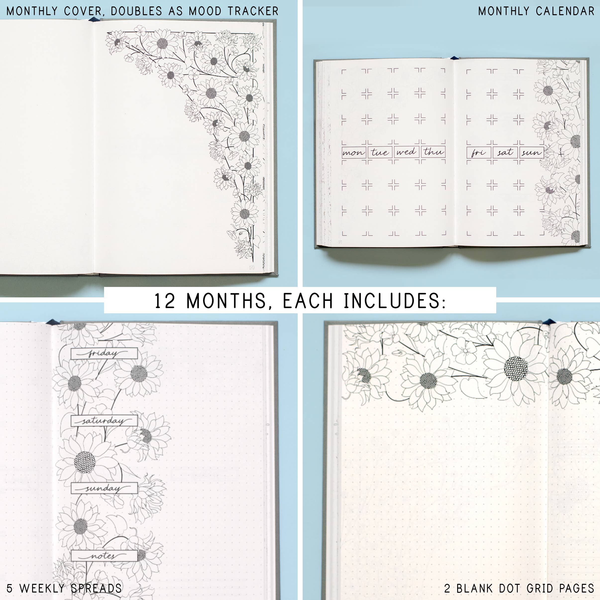 LILLA Journals – wholesale Journal/diary – Floral Weekly Bullet Journal | Undated illustrated planner6