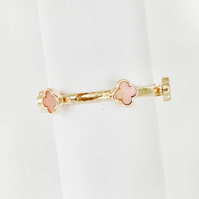 Gold Bracelet with Pink Natural Stone Clover Stretch Bracelet, Great for Stacking! for wholesale by What's Hot
