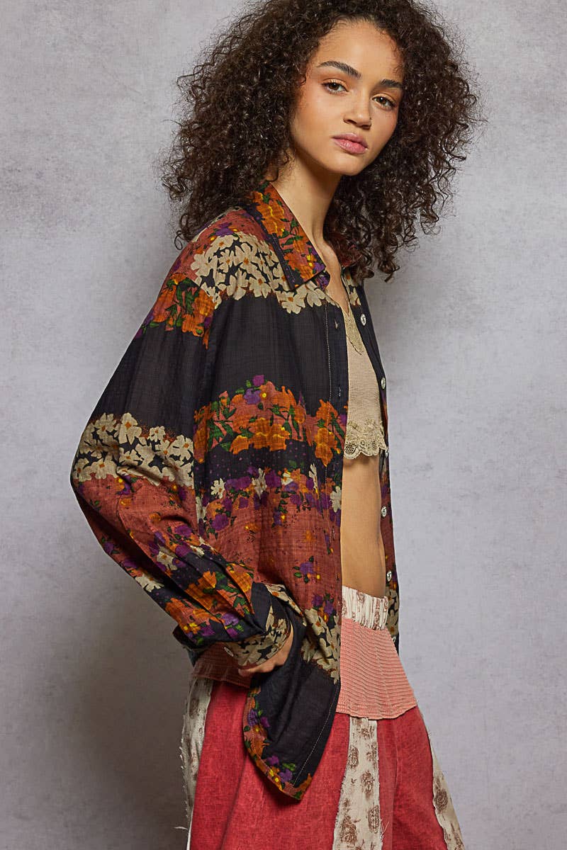 Pol Clothing - Vente Chemise à col boutonné – femme - Haut chemise tissé à manches longues imprimé floral21