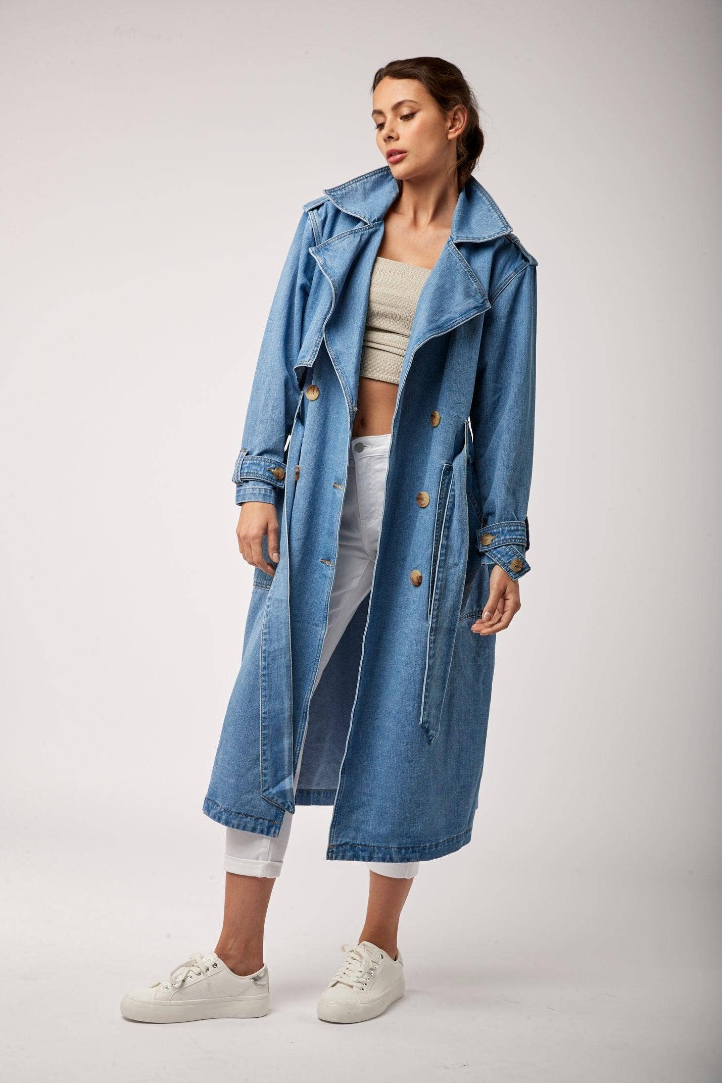 Jean bleu Toxik3 trench long en jean grand col fente arrière en vente sur Faire5