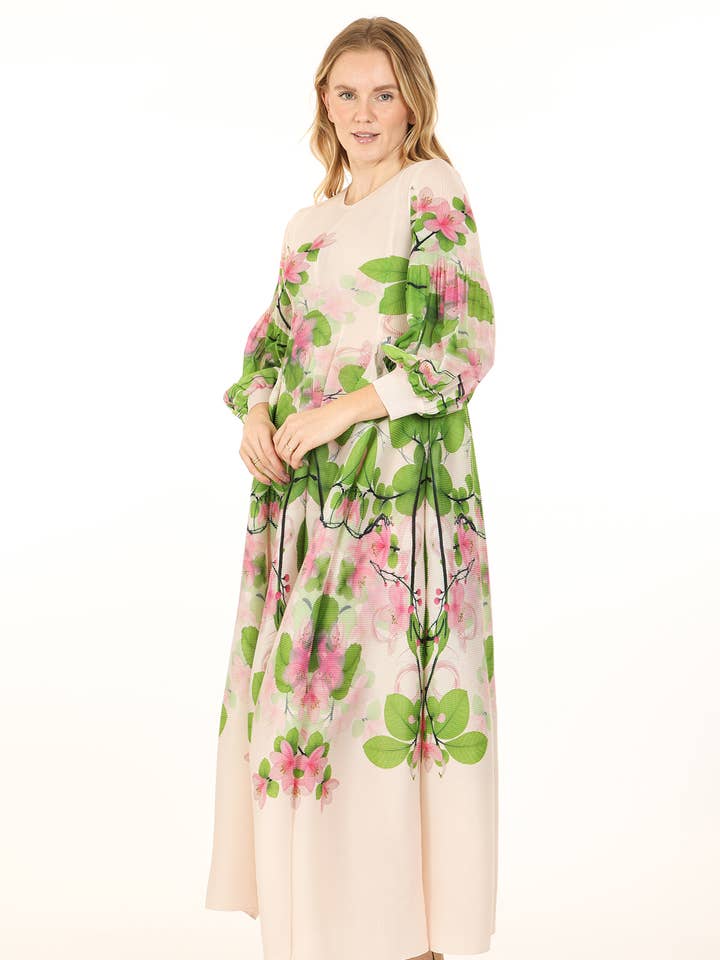 Floral Printed Elastic Pleats Gathered Maxi Dress QM3067 for wholesale by Beulah Style