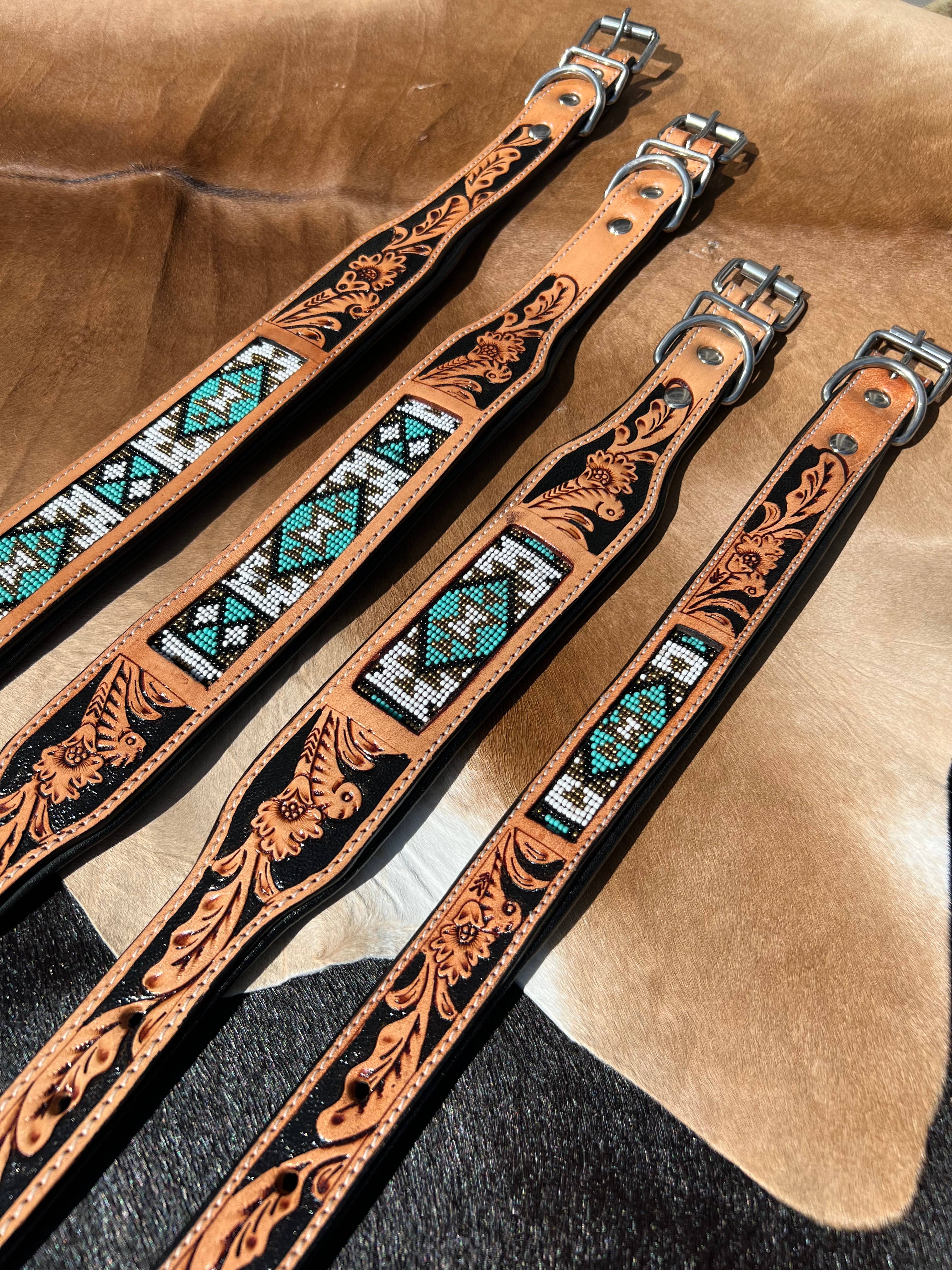 Westrian International - Wholesale Pet Collar - Dog - Southwestern Western Tooled Leather Beaded Dog Collar - Turq8