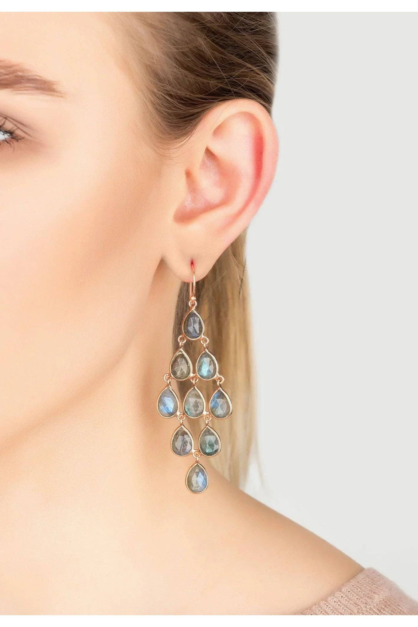 Latelita - Vente Boucles d'oreilles pendantes - Boucles d'oreilles Erviola en forme de cascade en or rose et labradorite1