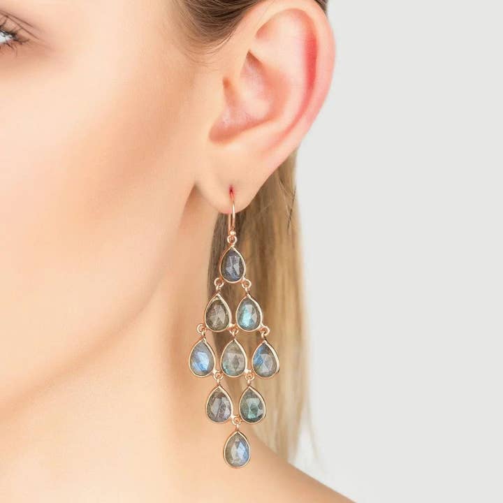 Latelita - Vente Boucles d'oreilles pendantes - Boucles d'oreilles Erviola en forme de cascade en or rose et labradorite1