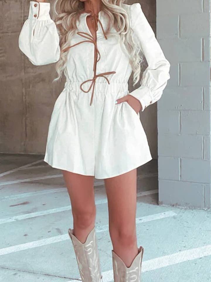 Rosa Clothing - Wholesale Romper - Women's - contrast bow tie front closure long sleeve romper17