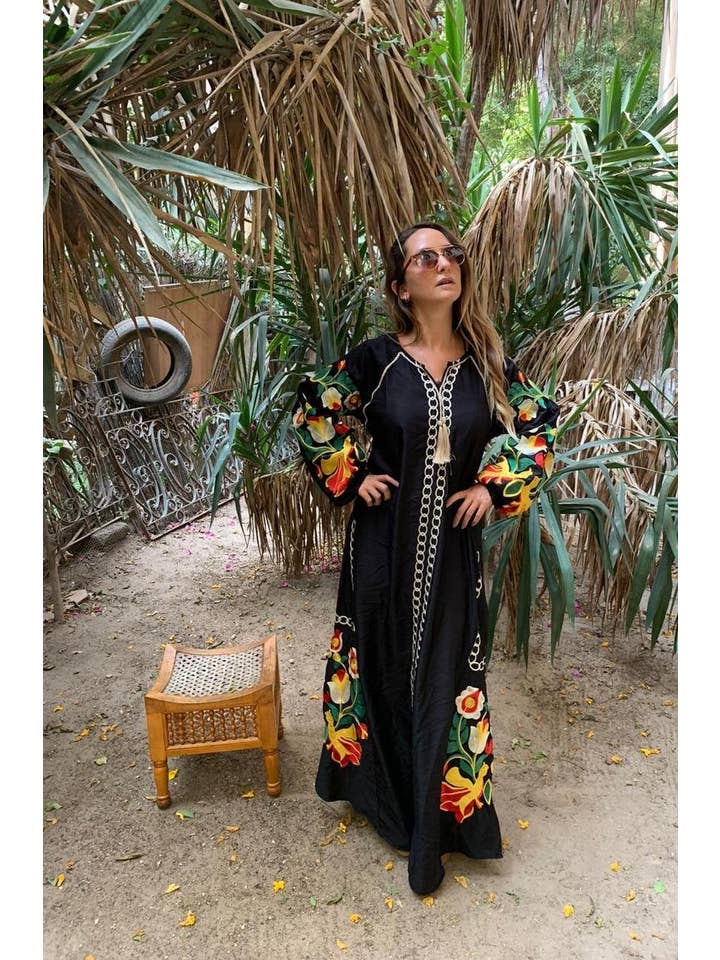 Gipci - Wholesale Kaftan - Women's - Boho Black Caftan, Long Sleeve Caftan Dress